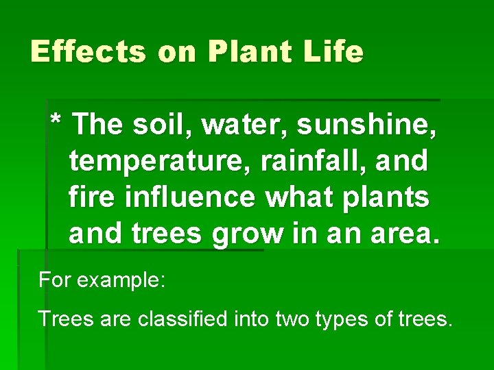 Effects on Plant Life * The soil, water, sunshine, temperature, rainfall, and fire influence