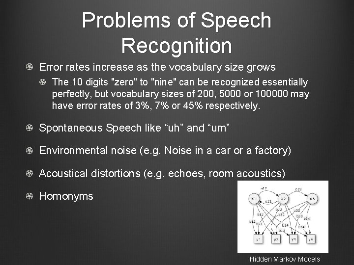 Problems of Speech Recognition Error rates increase as the vocabulary size grows The 10