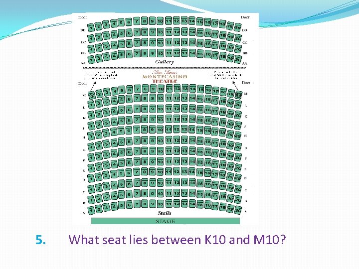 5. What seat lies between K 10 and M 10? 