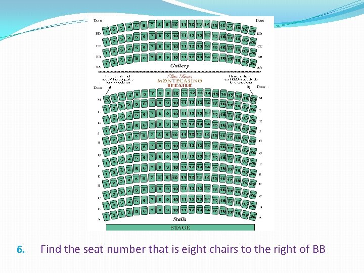 6. Find the seat number that is eight chairs to the right of BB