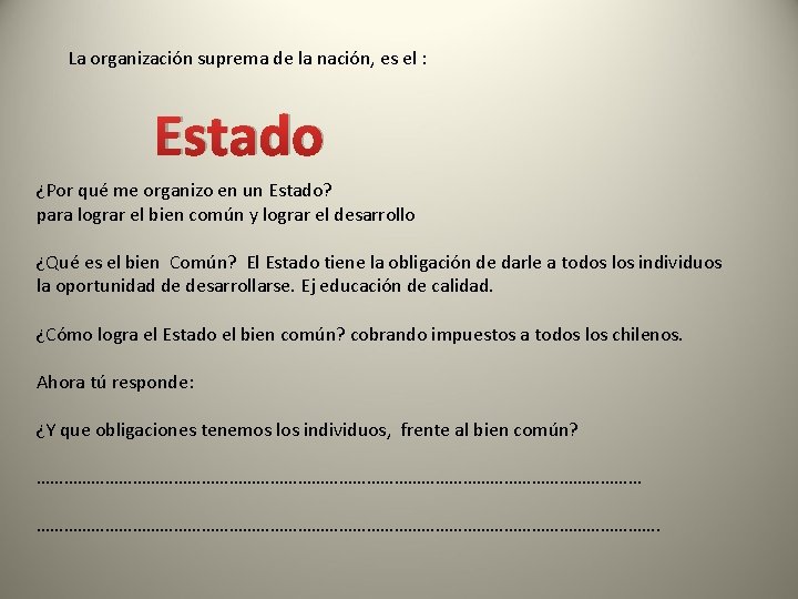 La organización suprema de la nación, es el : Estado ¿Por qué me organizo