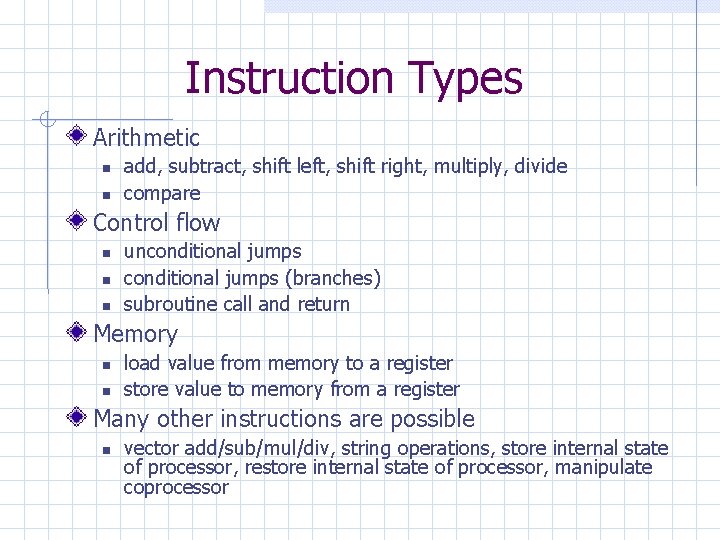 Instruction Types Arithmetic add, subtract, shift left, shift right, multiply, divide compare Control flow