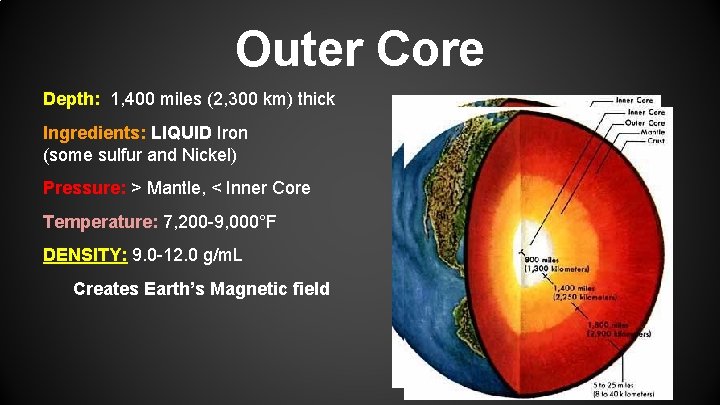 Outer Core Depth: 1, 400 miles (2, 300 km) thick Ingredients: LIQUID Iron (some