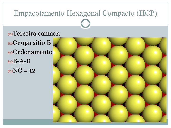 Empacotamento Hexagonal Compacto (HCP) Terceira camada Ocupa sítio B Ordenamento B-A-B NC = 12