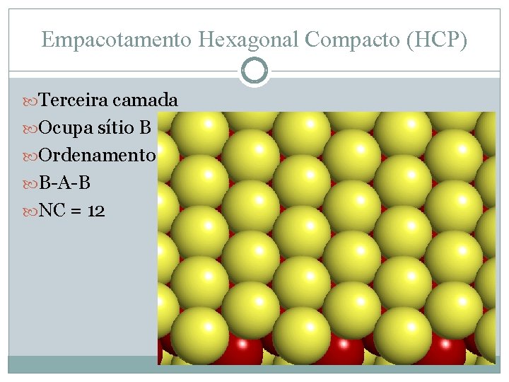 Empacotamento Hexagonal Compacto (HCP) Terceira camada Ocupa sítio B Ordenamento B-A-B NC = 12