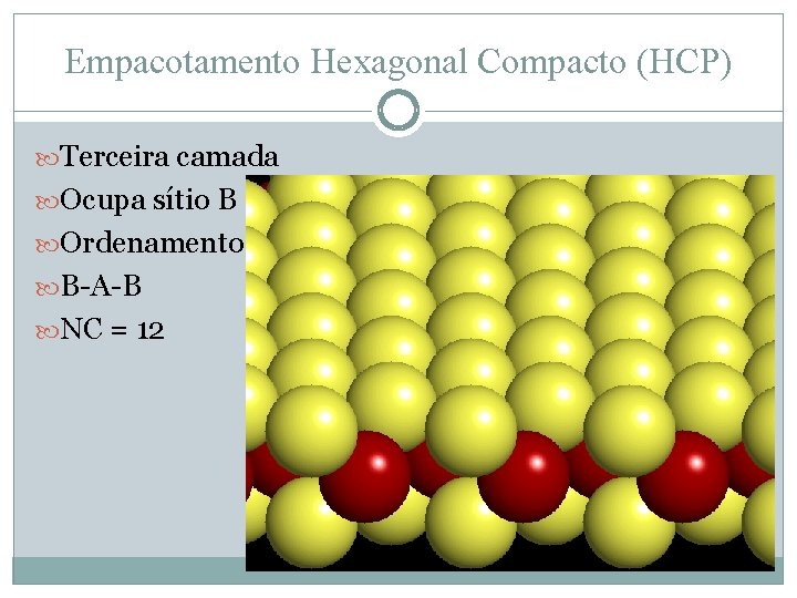 Empacotamento Hexagonal Compacto (HCP) Terceira camada Ocupa sítio B Ordenamento B-A-B NC = 12