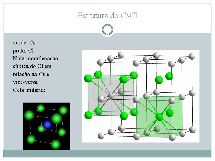 Estrutura do Cs. Cl verde: Cs prata: Cl Notar coordenação cúbica do Cl em