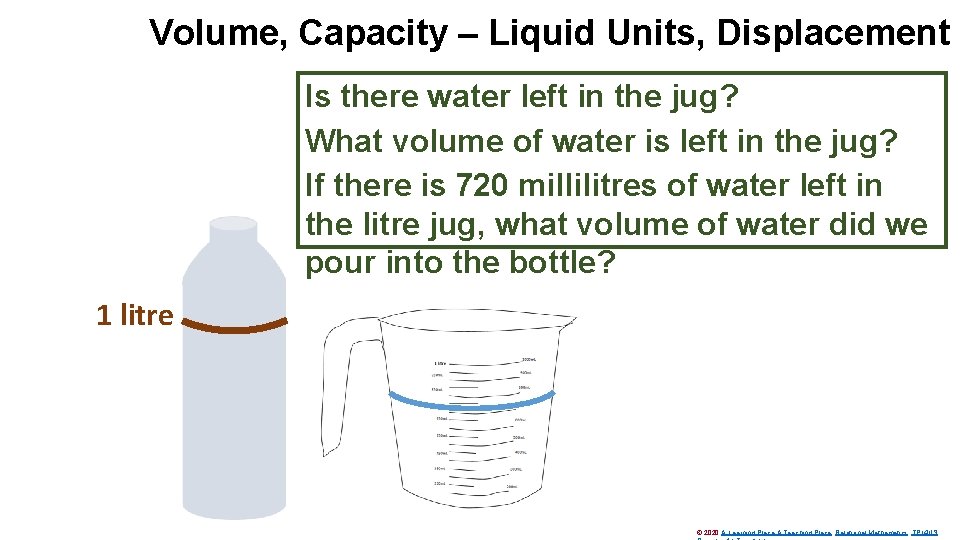 Volume, Capacity – Liquid Units, Displacement Is there water left in the jug? What