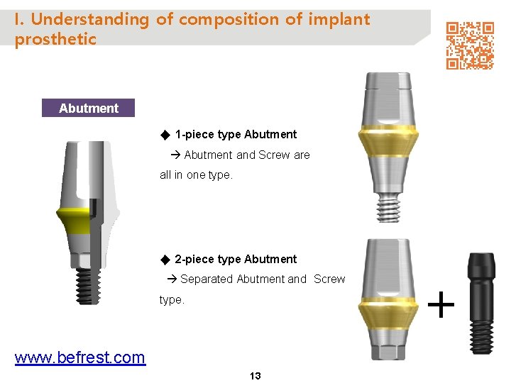 I. Understanding of composition of implant prosthetic Abutment ◆ 1 -piece type Abutment and