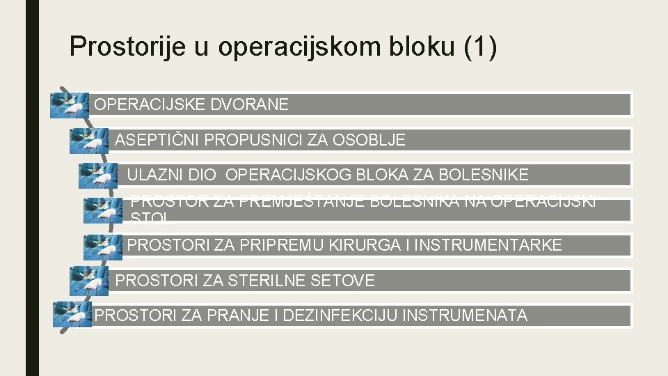 Prostorije u operacijskom bloku (1) OPERACIJSKE DVORANE ASEPTIČNI PROPUSNICI ZA OSOBLJE ULAZNI DIO OPERACIJSKOG