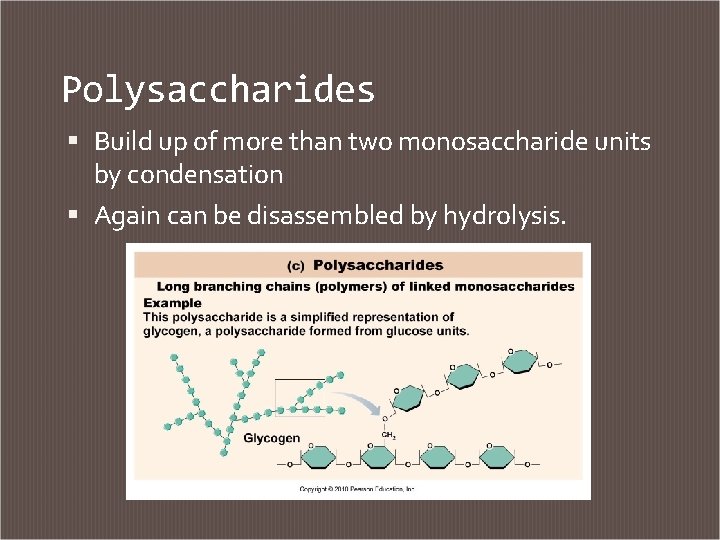 Polysaccharides Build up of more than two monosaccharide units by condensation Again can be