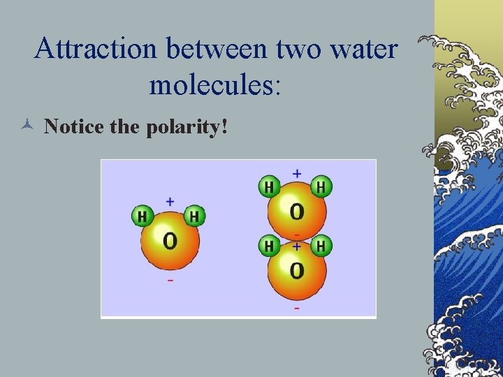 Attraction between two water molecules: © Notice the polarity! 