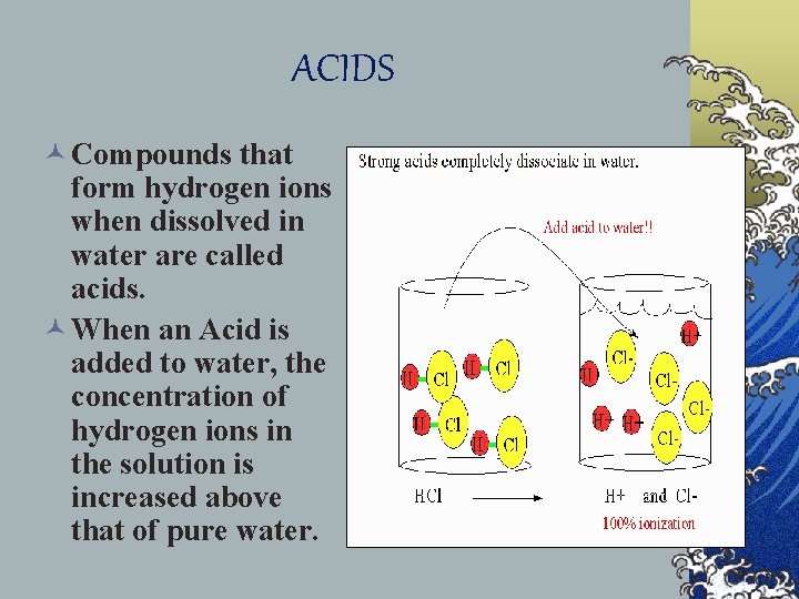 ACIDS © Compounds that form hydrogen ions when dissolved in water are called acids.