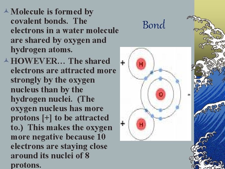 © Molecule is formed by covalent bonds. The electrons in a water molecule are