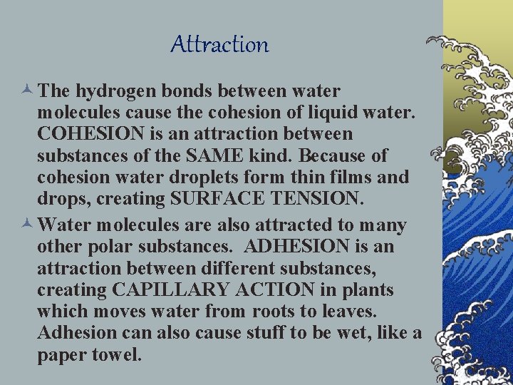 Attraction © The hydrogen bonds between water molecules cause the cohesion of liquid water.