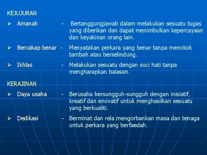 KEJUJURAN Ø Amanah - Bertanggungjawab dalam melakukan sesuatu tugas yang diberikan dapat menimbulkan kepercayaan