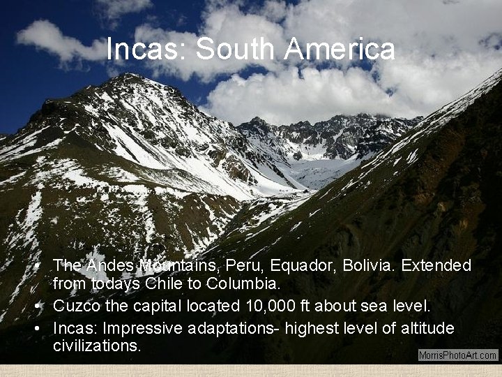 Incas: South America • The Andes Mountains, Peru, Equador, Bolivia. Extended from todays Chile