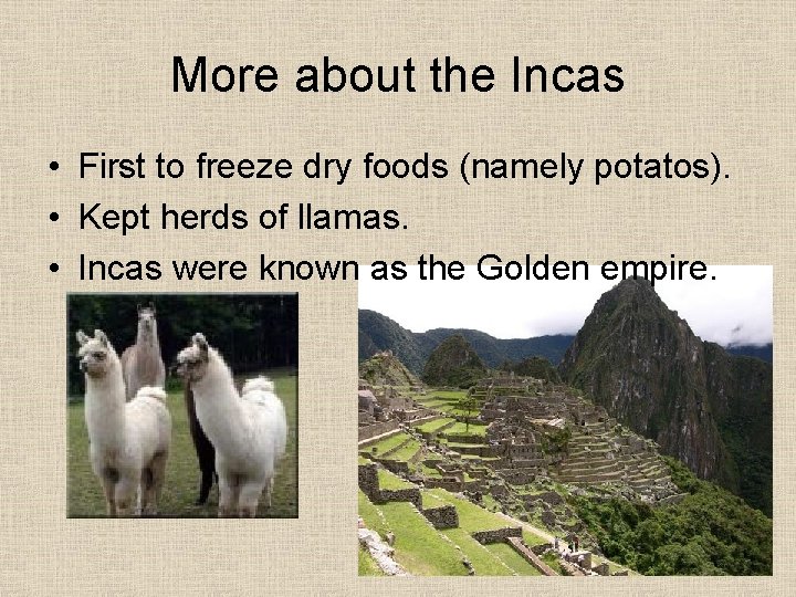 More about the Incas • First to freeze dry foods (namely potatos). • Kept