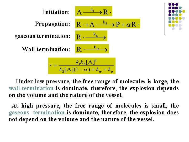 Initiation: Propagation: gaseous termination: Wall termination: Under low pressure, the free range of molecules Initiation: Propagation: gaseous termination: Wall termination: Under low pressure, the free range of molecules