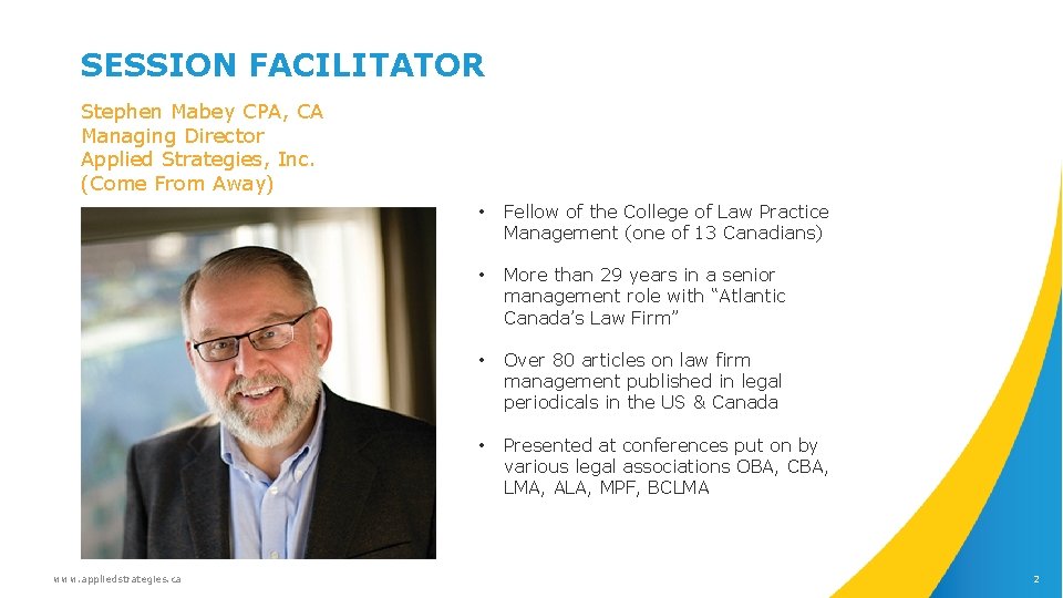 SESSION FACILITATOR Stephen Mabey CPA, CA Managing Director Applied Strategies, Inc. (Come From Away)