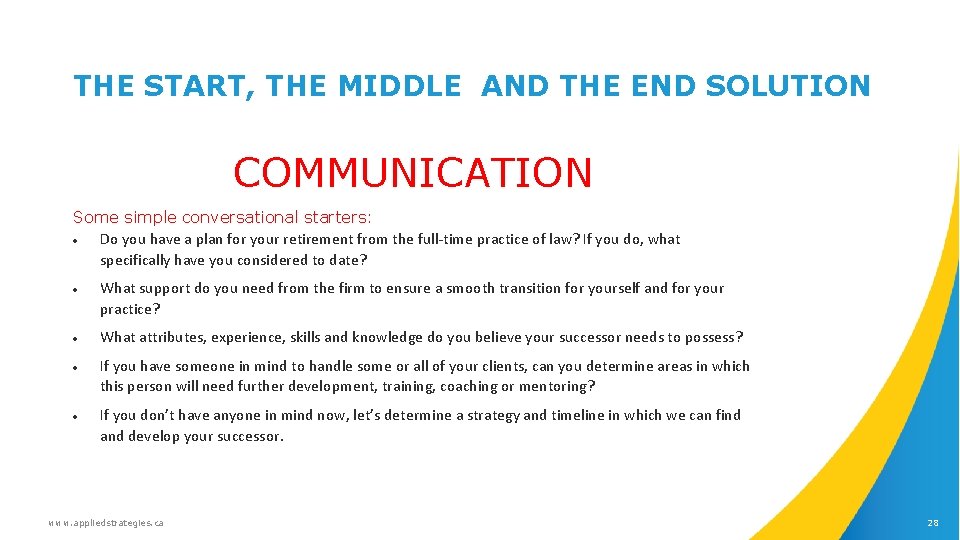 THE START, THE MIDDLE AND THE END SOLUTION COMMUNICATION Some simple conversational starters: Do