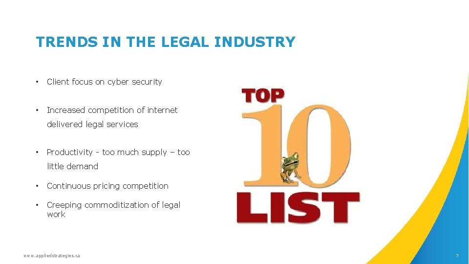 TRENDS IN THE LEGAL INDUSTRY • Client focus on cyber security • Increased competition