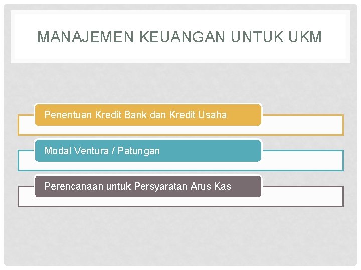 MANAJEMEN KEUANGAN UNTUK UKM Penentuan Kredit Bank dan Kredit Usaha Modal Ventura / Patungan