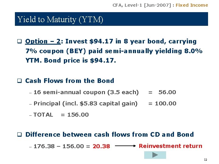 CFA, Level-1 [Jun-2007] : Fixed Income Yield to Maturity (YTM) q Option – 2: