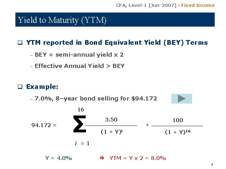 CFA, Level-1 [Jun-2007] : Fixed Income Yield to Maturity (YTM) q YTM reported in