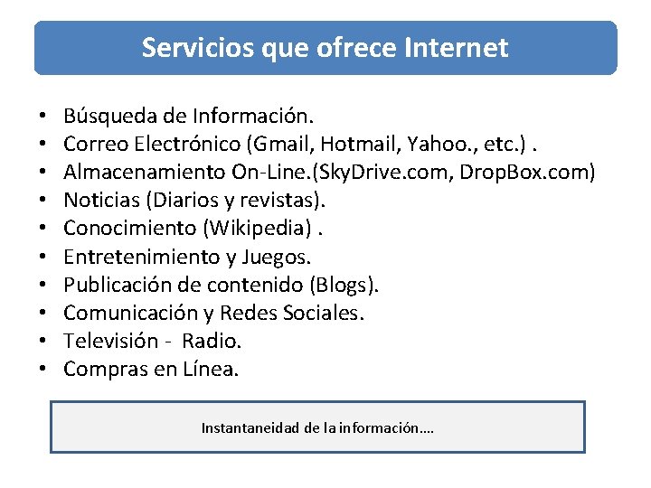 Servicios que ofrece Internet • • • Búsqueda de Información. Correo Electrónico (Gmail, Hotmail,