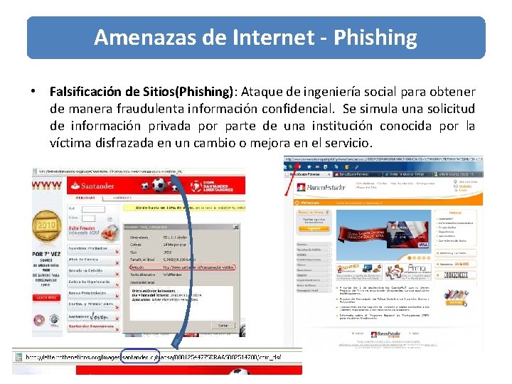Amenazas de Internet - Phishing • Falsificación de Sitios(Phishing): Ataque de ingeniería social para