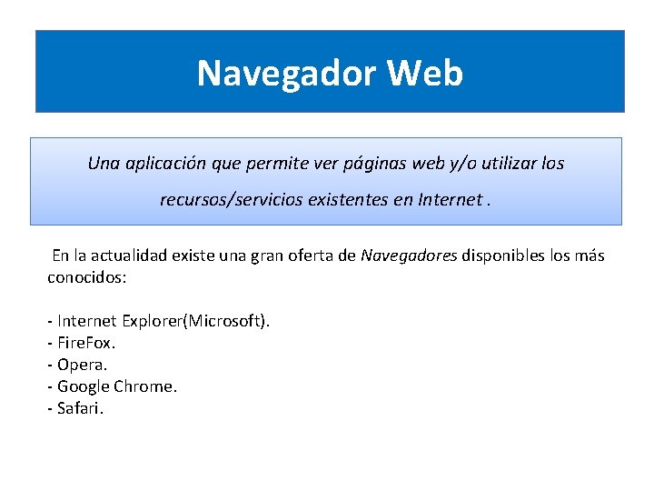 Navegador Web Una aplicación que permite ver páginas web y/o utilizar los recursos/servicios existentes