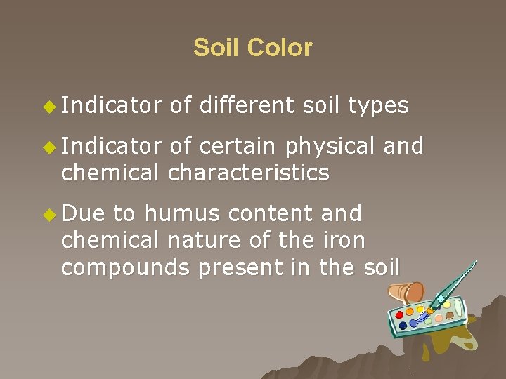 Soil Color u Indicator of different soil types u Indicator of certain physical and