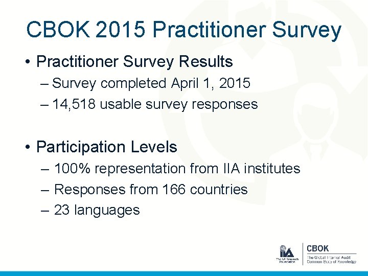 CBOK 2015 Practitioner Survey • Practitioner Survey Results – Survey completed April 1, 2015