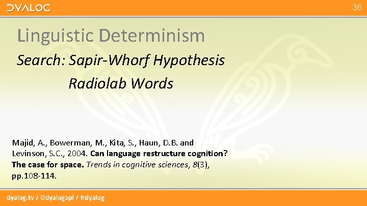 36 Linguistic Determinism Search: Sapir-Whorf Hypothesis Radiolab Words Majid, A. , Bowerman, M. , 36 Linguistic Determinism Search: Sapir-Whorf Hypothesis Radiolab Words Majid, A. , Bowerman, M. ,