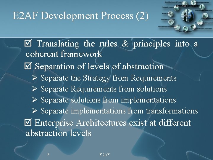 E 2 AF Development Process (2) þ Translating the rules & principles into a