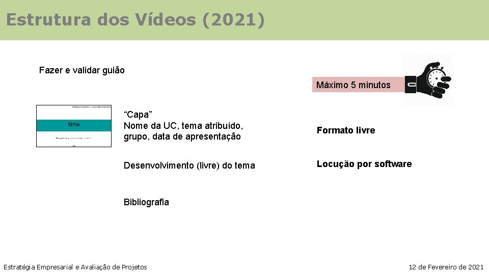 Estrutura dos Vídeos (2021) Fazer e validar guião Máximo 5 minutos “Capa” Nome da