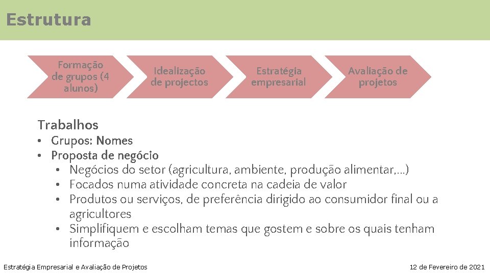 Estrutura Formação de grupos (4 alunos) Idealização de projectos Estratégia empresarial Avaliação de projetos