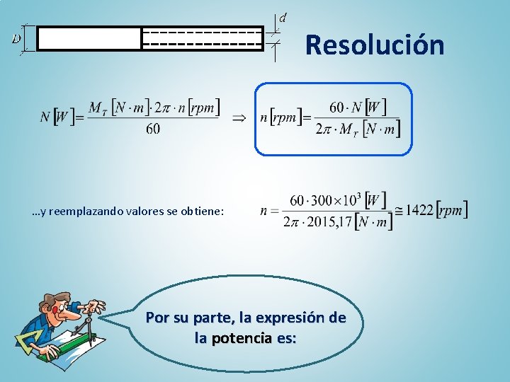 Resolución …y reemplazando valores se obtiene: Por su parte, la expresión de la potencia