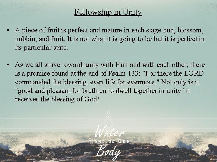 Fellowship in Unity • A piece of fruit is perfect and mature in each