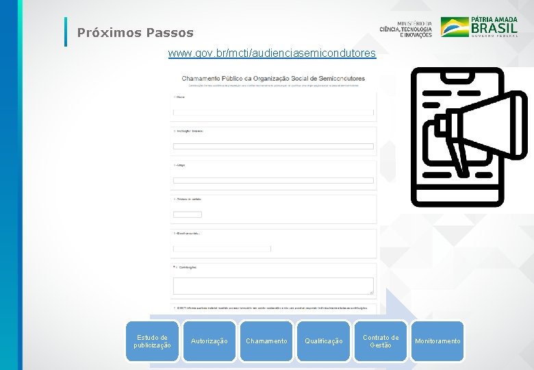 Próximos Passos www. gov. br/mcti/audienciasemicondutores Estudo de publicização Autorização Chamamento Qualificação Contrato de Gestão