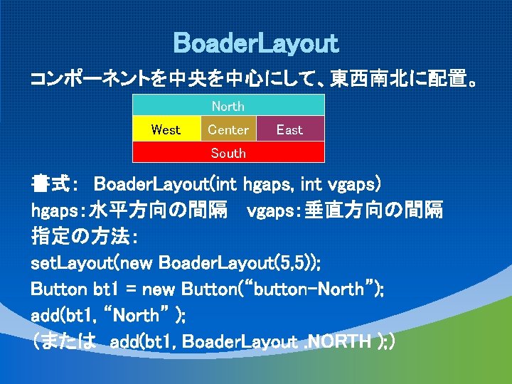 Boader. Layout コンポーネントを中央を中心にして、東西南北に配置。 North West Center East South 書式： Boader. Layout(int hgaps, int vgaps)