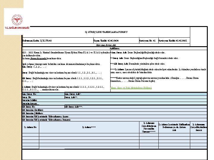 İŞ SÜREÇLERİ TANIMLAMA FORMU Doküman Kodu: İÇK-FR-03 Yayın Tarihi: 01/01/2020 Revizyon No: 01 Revizyon