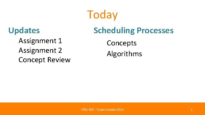 Today Updates Assignment 1 Assignment 2 Concept Review Scheduling Processes Concepts Algorithms CPSC 457