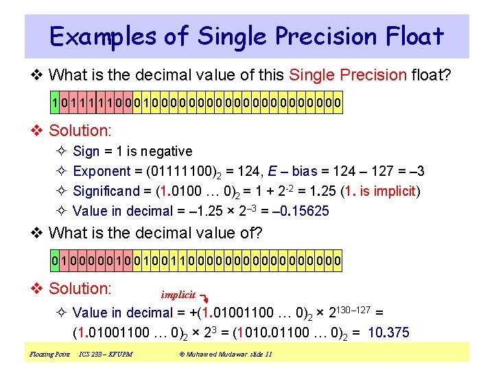 Examples of Single Precision Float v What is the decimal value of this Single
