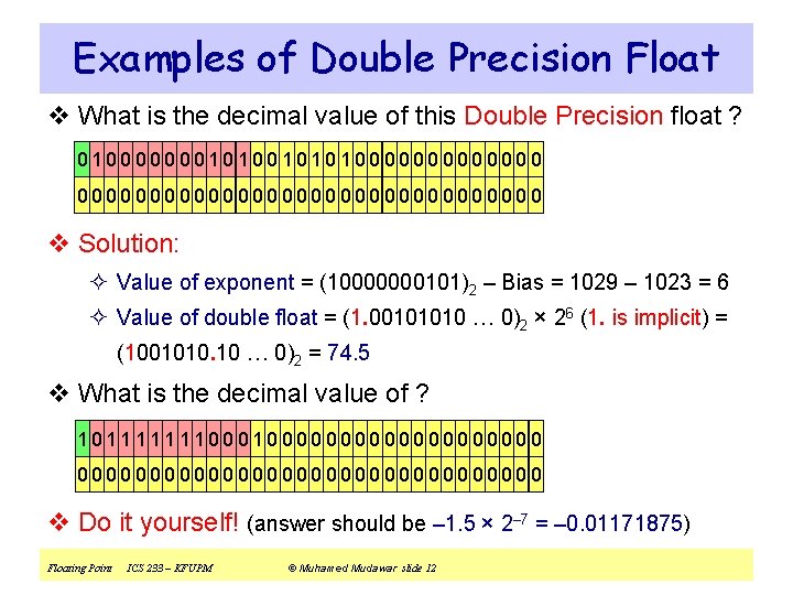 Examples of Double Precision Float v What is the decimal value of this Double