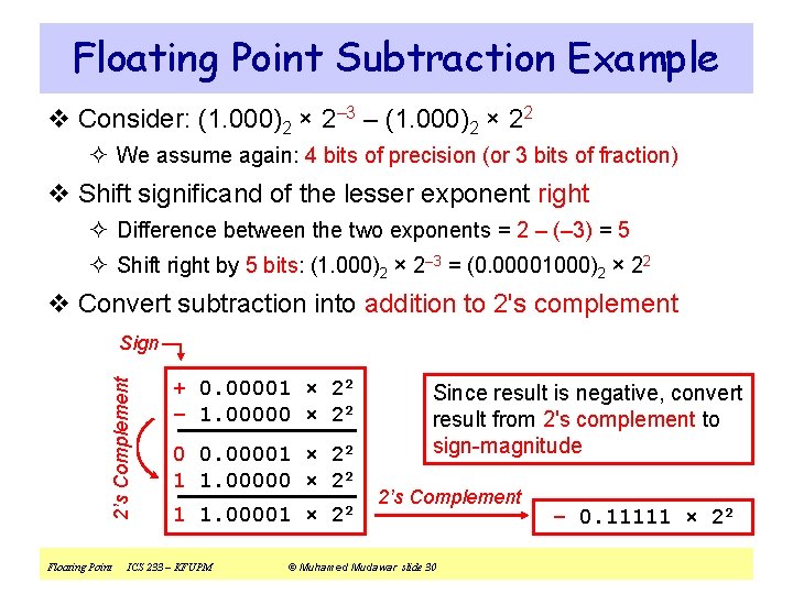 Floating Point Subtraction Example v Consider: (1. 000)2 × 2– 3 – (1. 000)2