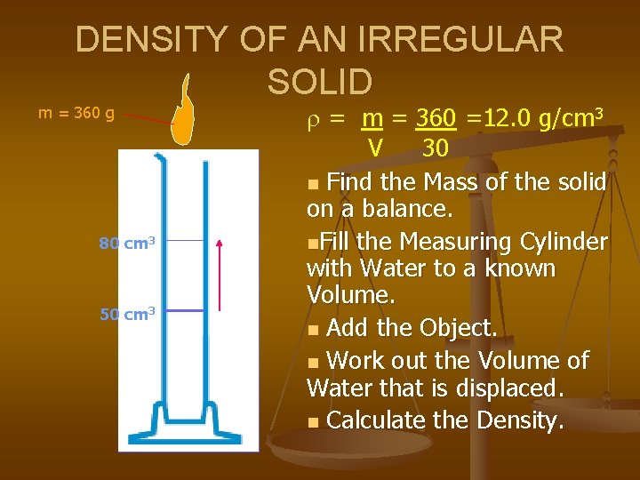 DENSITY OF AN IRREGULAR SOLID m = 360 g 80 cm 3 50 cm