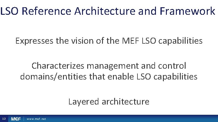 LSO Reference Architecture and Framework Expresses the vision of the MEF LSO capabilities Characterizes LSO Reference Architecture and Framework Expresses the vision of the MEF LSO capabilities Characterizes