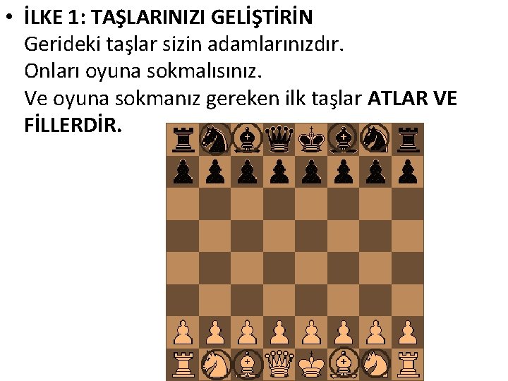  • İLKE 1: TAŞLARINIZI GELİŞTİRİN Gerideki taşlar sizin adamlarınızdır. Onları oyuna sokmalısınız. Ve